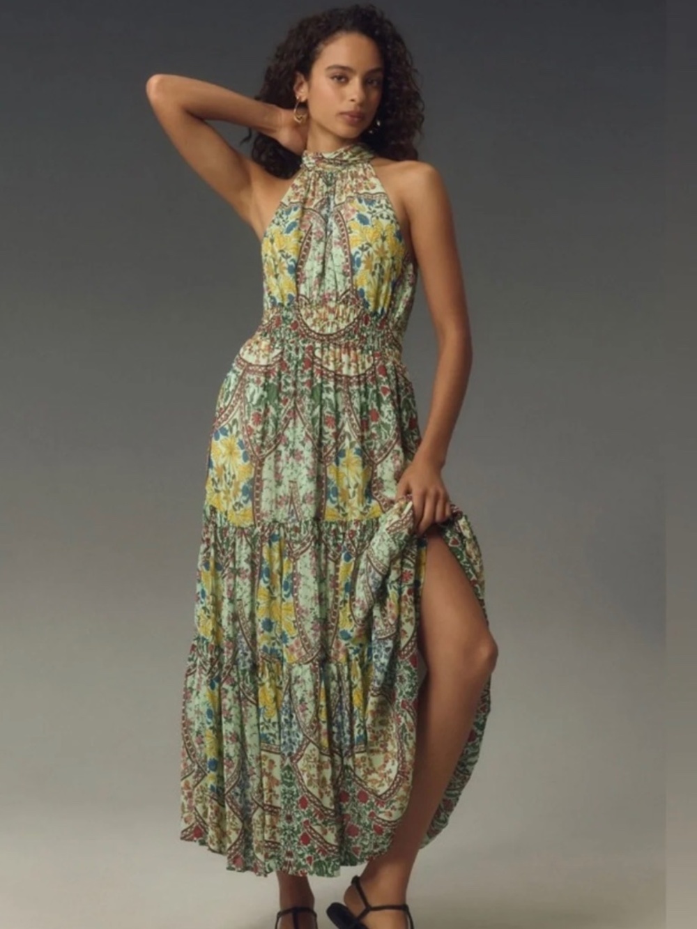 Anthropologie Somerset Maxi Dress Tiered Floral Halter Green Large Sundress